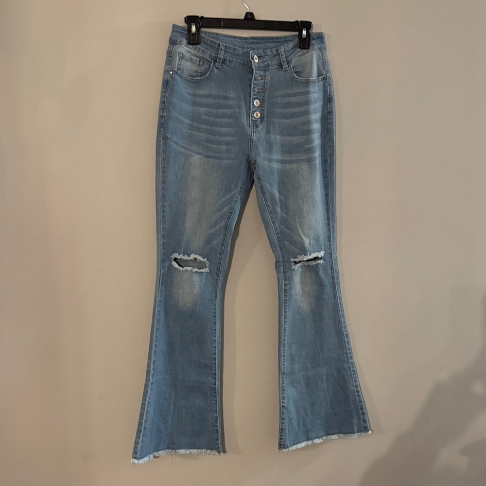 Chic Distressed Blue Flare Jeans